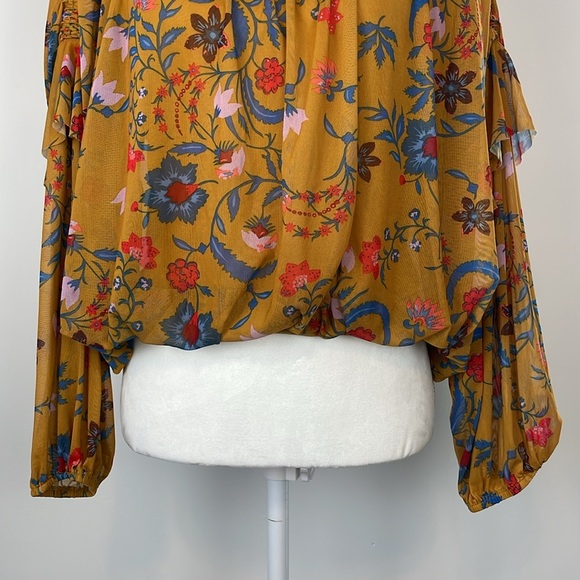 Free People Mustard Yellow Wild Flower Honey Mesh Top. Size XS/Small. - Picture 6 of 14